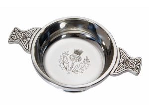 Pewter quaich with engraved thistle in the bowl